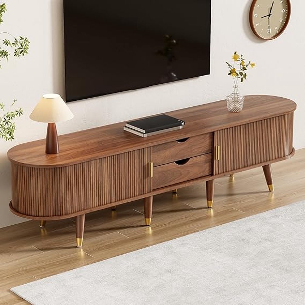 Eleganza Walnut TV-Meubel 175x38x45 cm met Rattan Schuifdeur, Opberglades en Verstelbare Poten – Modern Landelijk Lowboard met Grote Opbergruimte voor Woonkamer