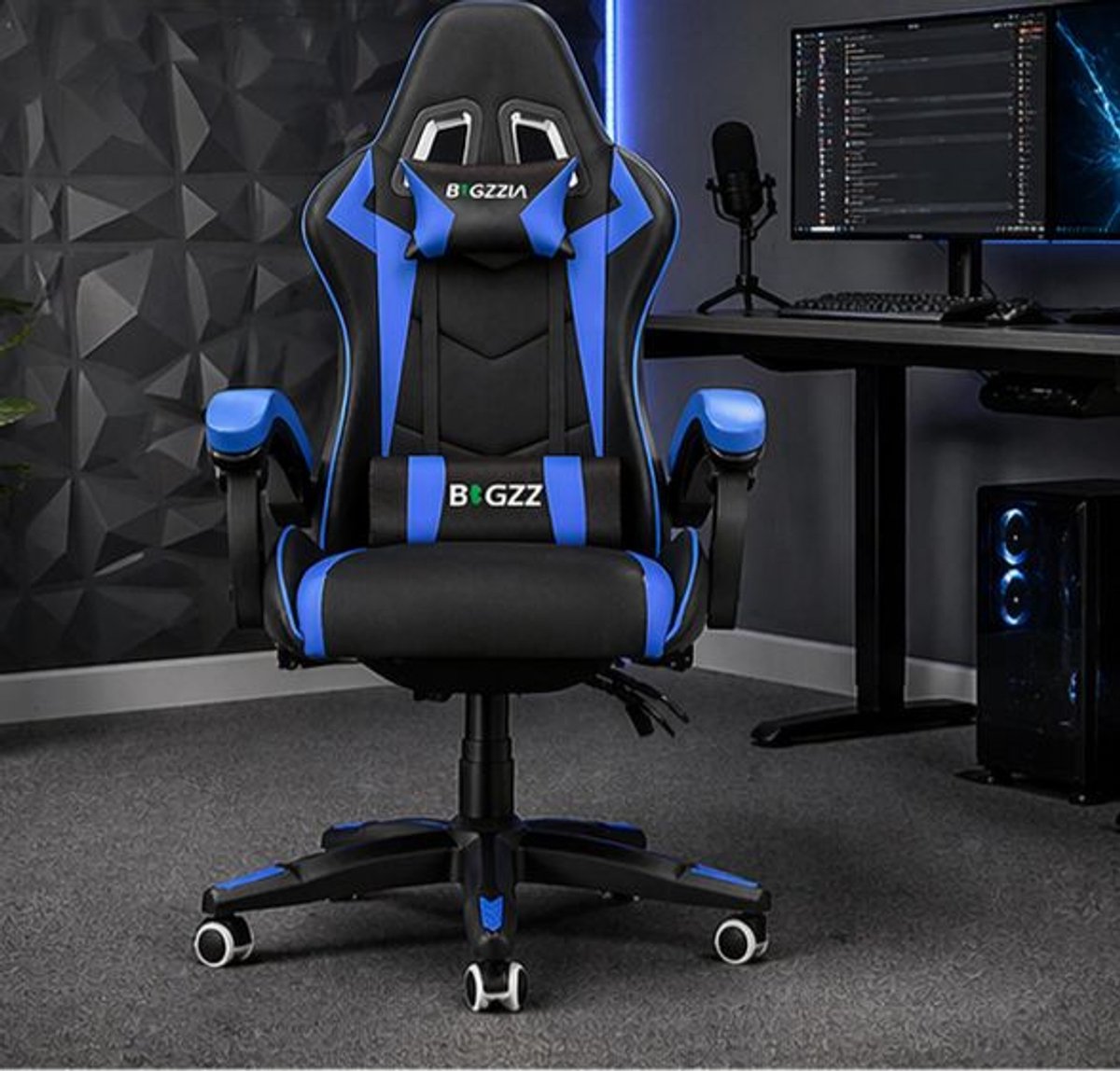 Gaming stoel ergonomisch verstelbaar met ligfunctie 49 x 49 x 125 cm PU leer met hoofdsteun en lendenkussen blauw – Vermissen