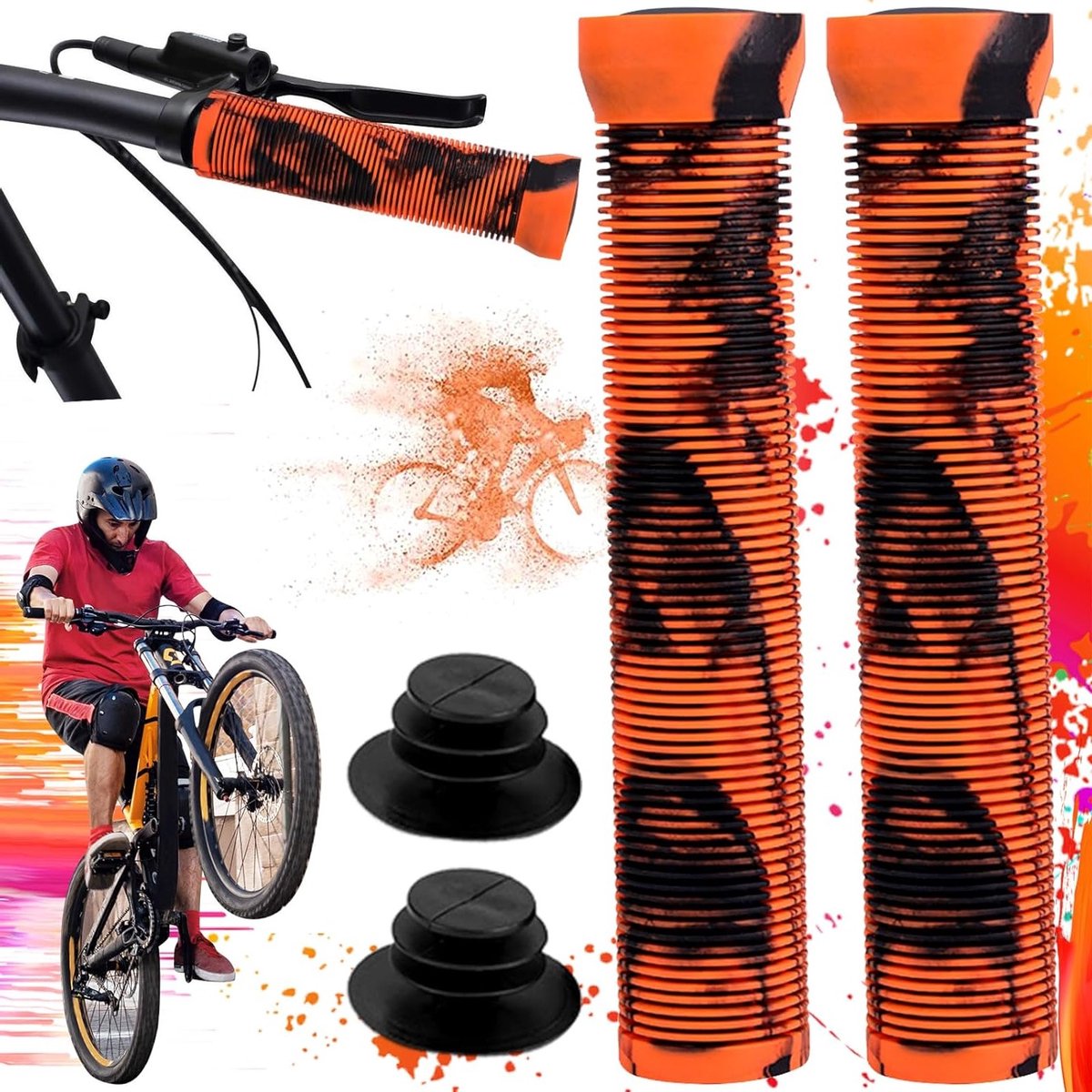Fietshandvatten Set van 1 Paar, Zacht en Antislip 22mm Universele Handgrepen, Siliconen MTB/BMX/Mountainbike Handvatten, Ergonomische Fiets Handlebars (Oranje Zwart)