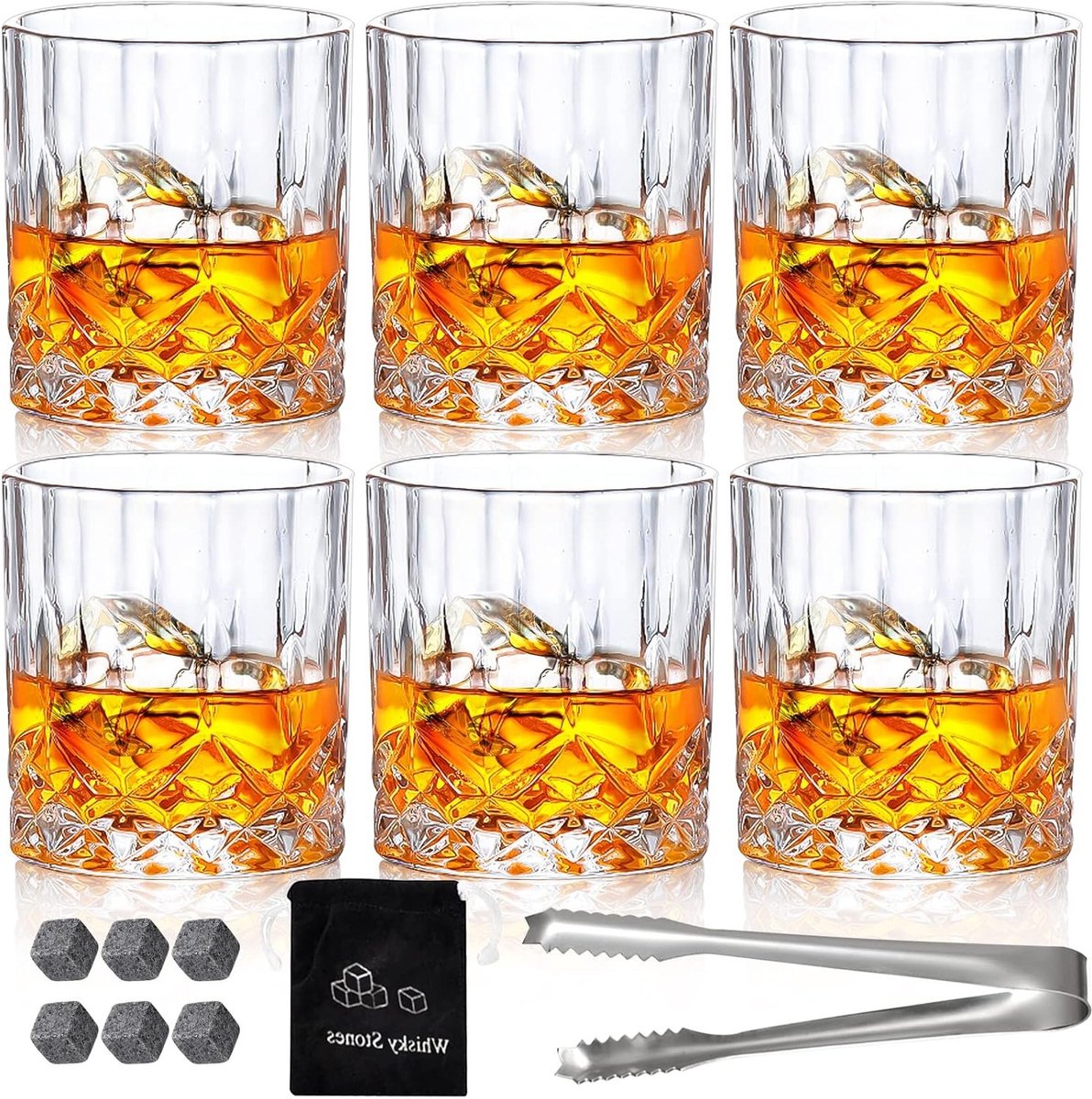 Vintage Whisky Tumblers Set of 6 - 300ml Crystal Glass Drinking Cups for Scotch Bourbon Brandy Rum Cocktail - Home Bar Party