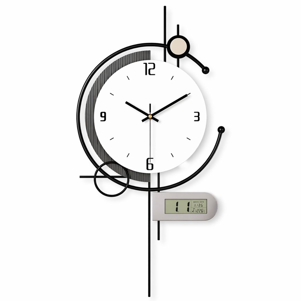Luxaliving - Wandklok Modern Zwart met Display 35 cm – Stil Uurwerk – Digitale Klok met Temperatuur & Datum – Industriële Design Wandklok Woonkamer