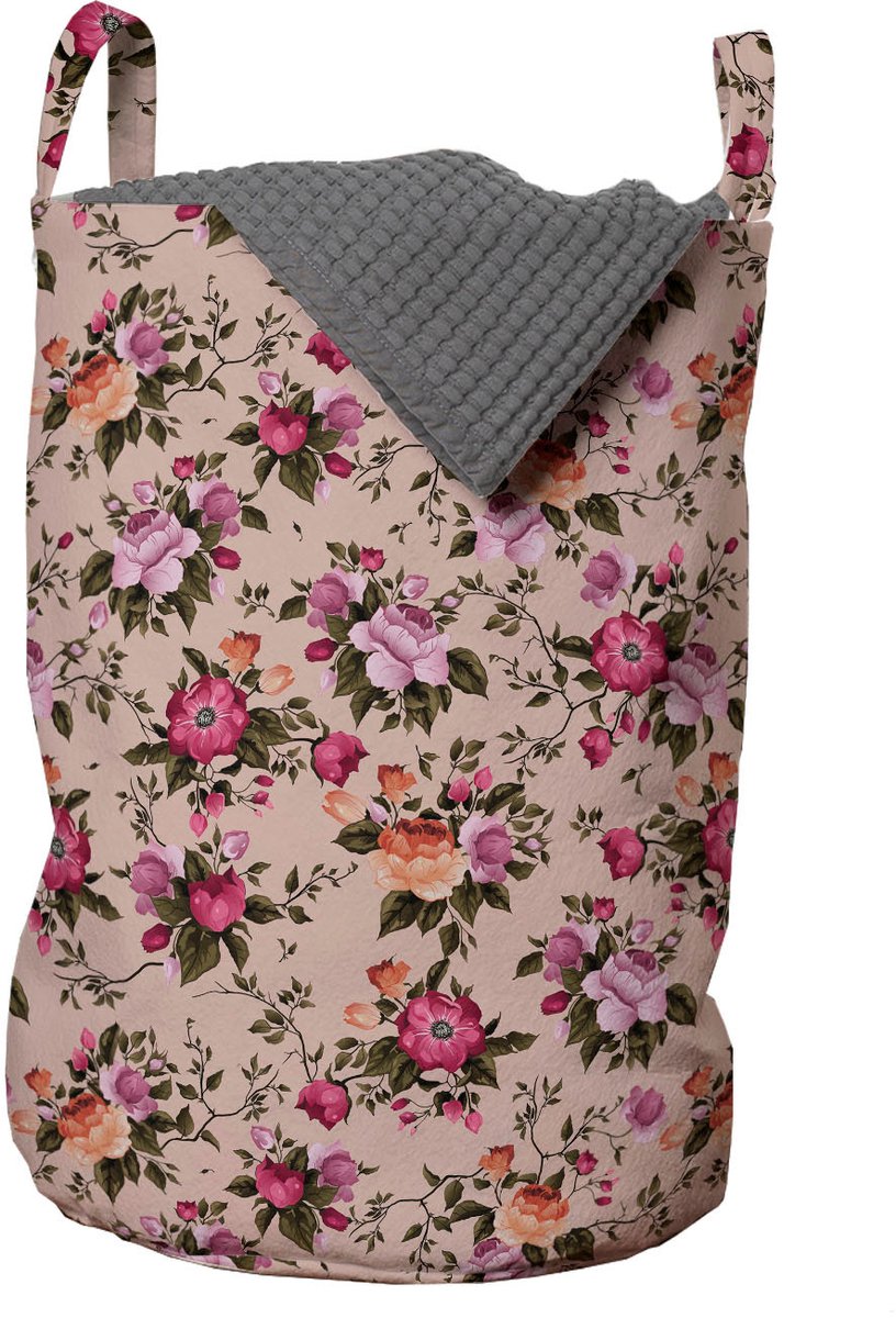 ABAKUHAUS bloemenwaszak, bloempatroon met roos, wasmand met handvatten, trekkoorddichting voor wasserettes, beige roze donkergroen