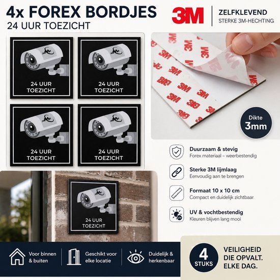 24ME® - Camera bewaking bord - 4 Stuks - Zelfklevend - 10x10cm - Cameratoezicht - Camerabewaking van 24ME — afbeelding 3