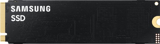 Zwarte Samsung SSD 9100 PRO M.2 NVMe met gouden connector.