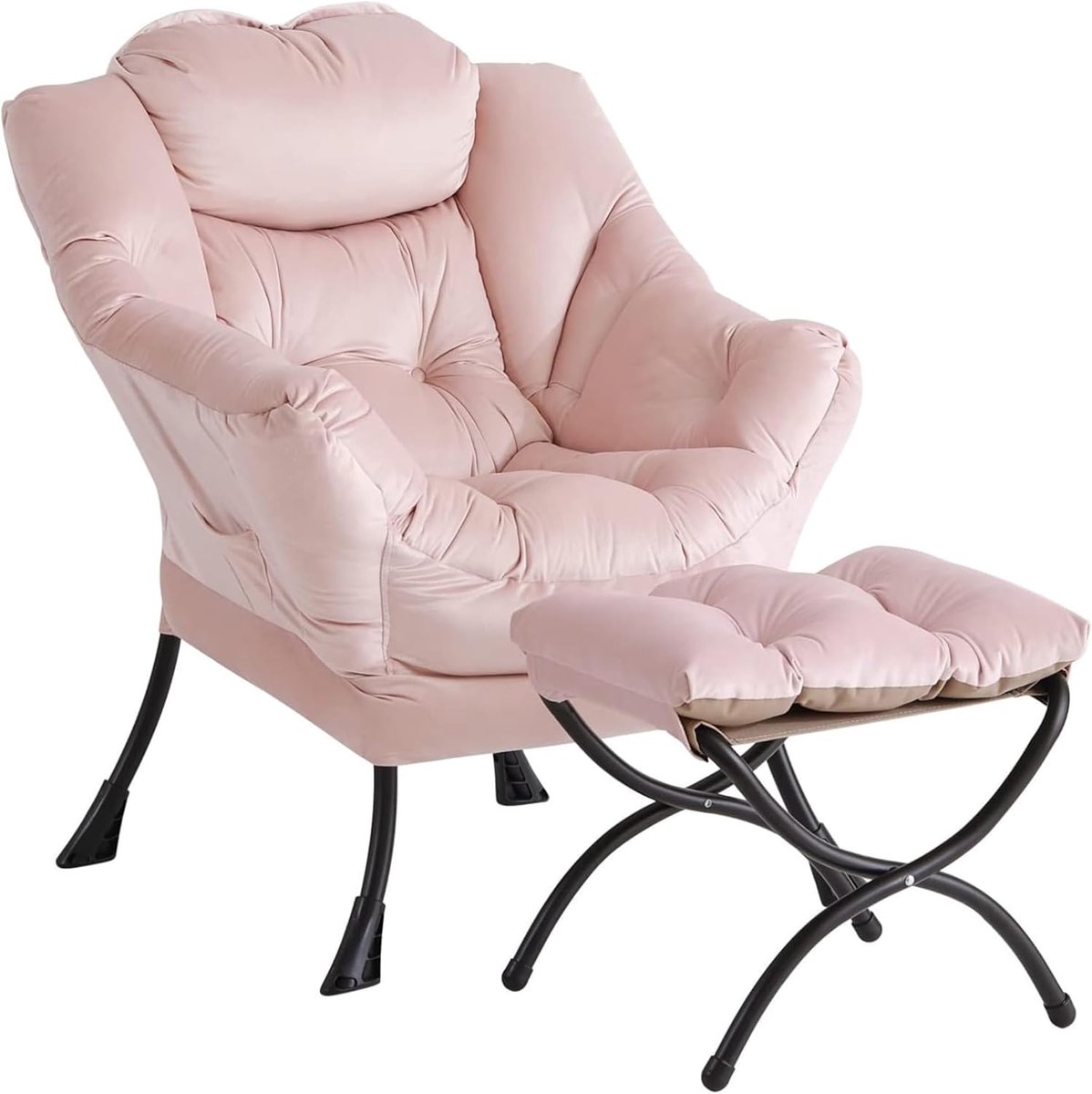 Ruime Relaxstoel met Opvouwbaar Voetenbankje - Lounge Fauteuil met Zijvak - Comfortabele Leesstoel - Draagkracht 180 kg - Lichtroze