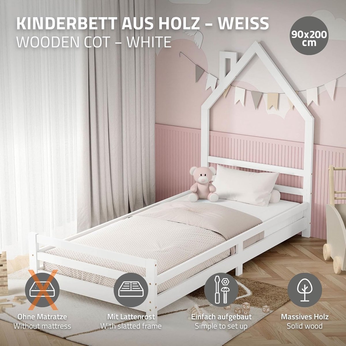 Kinderhuisbed 90x200 cm Wit – Massief Grenen Houten Bedhuis met Dak en Schoorsteen – Kinde