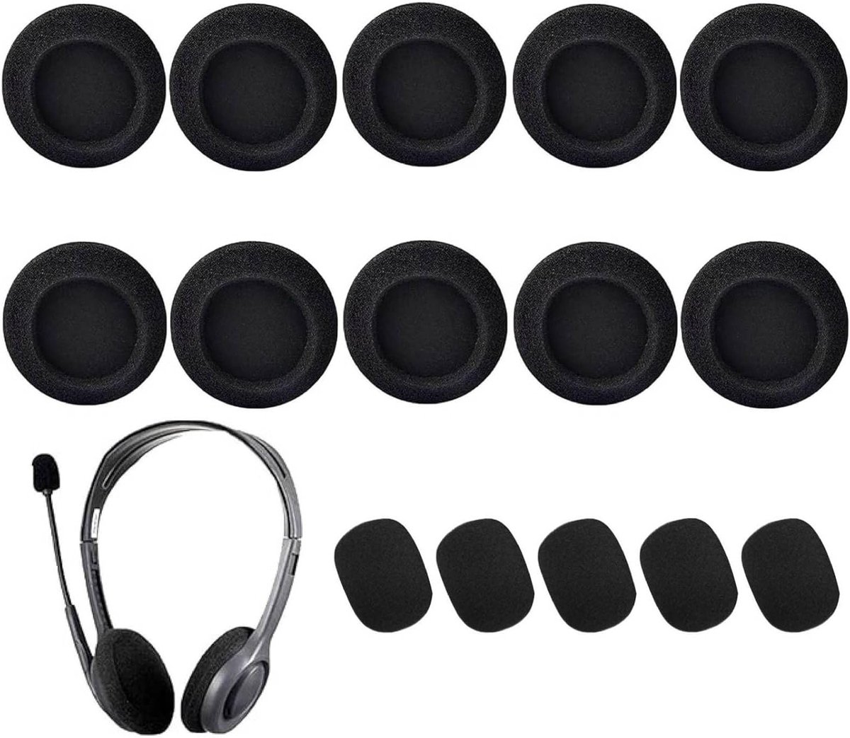 Vervangende Hoofdtelefoonhoezen en Microfoon Schuimhoezen, Wasbaar en Rekbaar, Geschikt voor Standaard Kantoorkoptelefoons en Headsets, Zwart, 10 Stuks en 5 Stuks