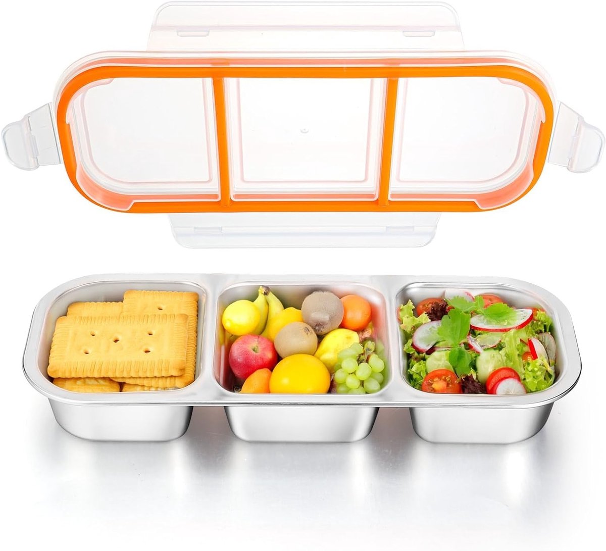 3 Compartimenten Snackdoos RVS - Lekvrije Herbruikbare Lunchbox met Deksel, Vaatwasserbestendig, Ideaal voor Kinderen, School en Reizen