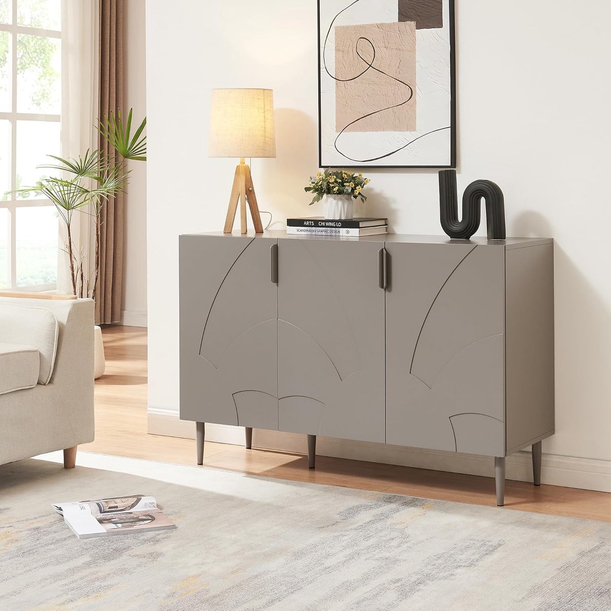 Starvili Moderne 3-Deurs Dressoir Opbergkast met Decoratieve Fronten 115x38x75 cm Grijs
