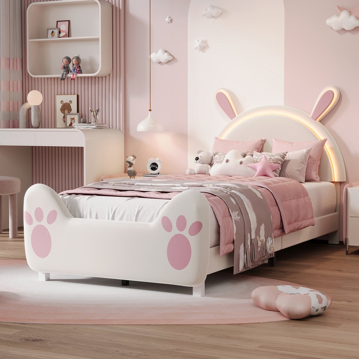 ROSAHQNDA 90x200cm Cartoonbed, kinderbed met houten lattenbodem, hoofdbord met konijnenoortjes, veranderbaar licht, flanel materiaal wit roze