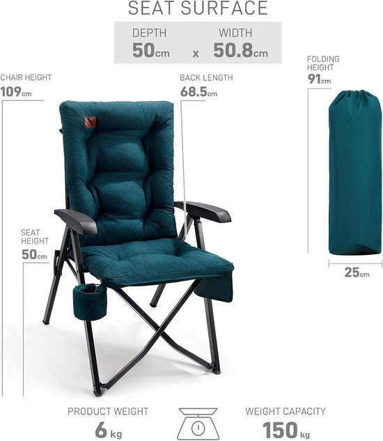 Luxe Campingstoel voor Volwassenen - Verstelbare Campingstoel met Hoge Rugleuning - Opvouwbare Tuinstoel Gewatteerd 6CM - 4 Standen Verstelbaar - Belastbaar tot 150KG - Comfortabele Outdoor Stoel voor Camping Tuin Strand Caravan en Picknick van Luxe. — afbeelding 4