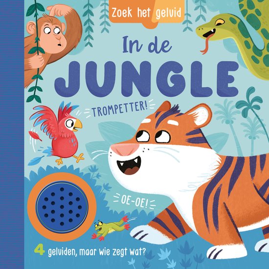 Een kinderboek met de titel 'In de jungle' met een tijger, aap, slang, papegaai en kikker.