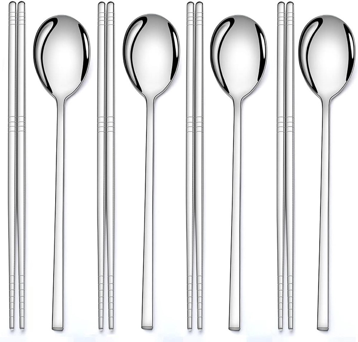 4 Paar RVS Eetstokjes en Lepel Set, Herbruikbare Keukenaccessoires voor Thuis, Restaurant en Feestjes