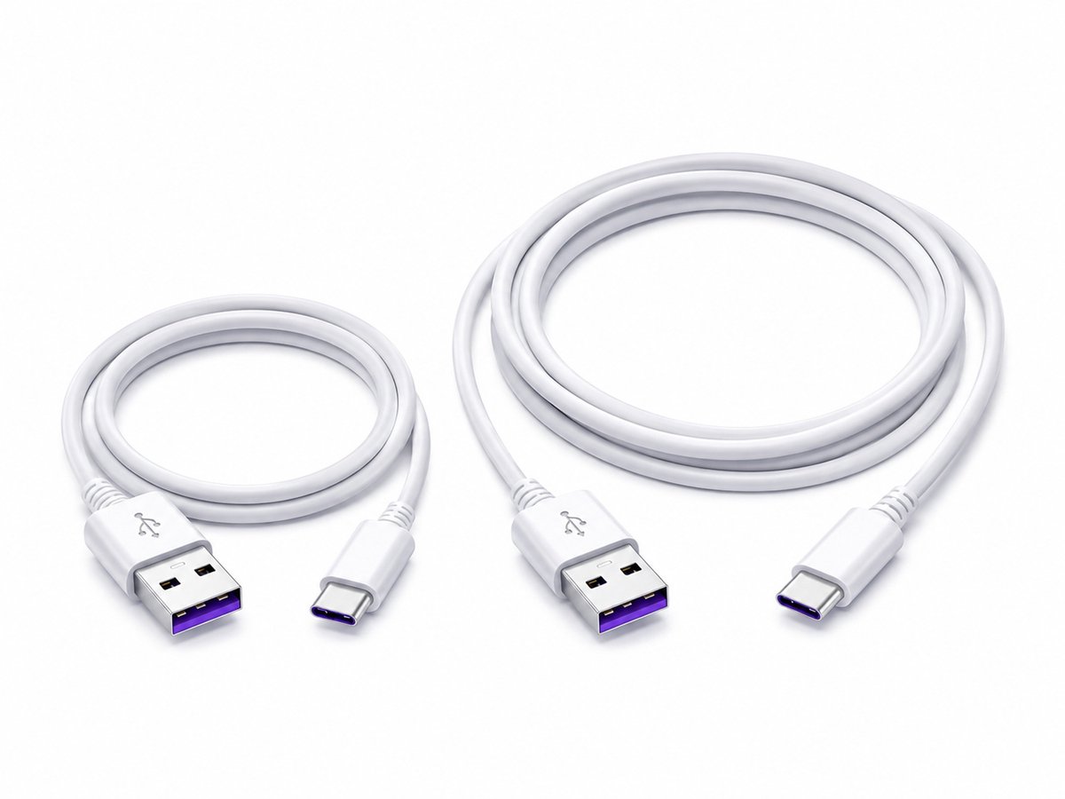 Vastiq Power® USB-A naar USB-C Kabelset 1m + 2m – 2 Stuks – 60W Snellaadkabels – Laad- en Datakabels – Wit