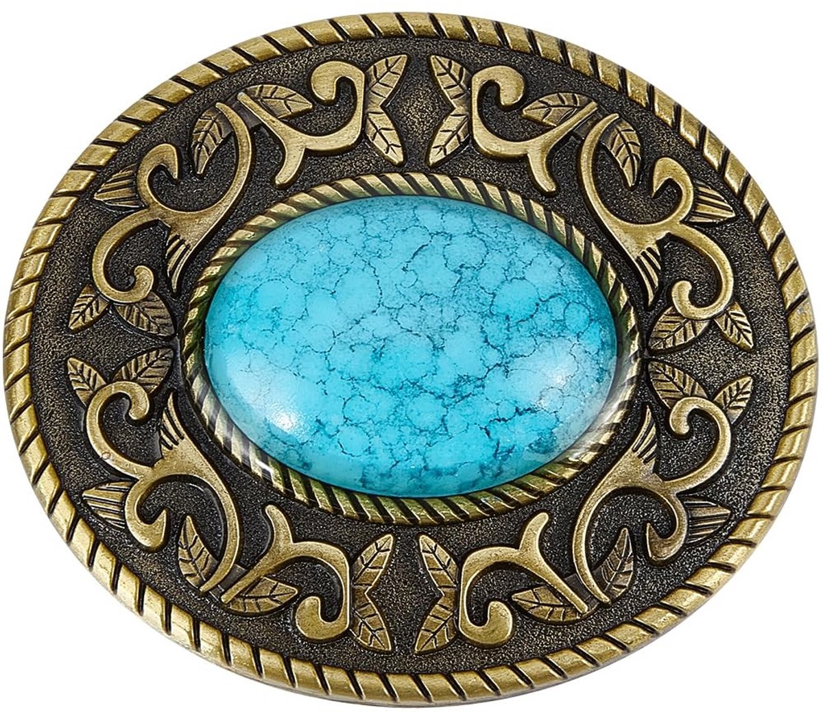 Dailygoody - Turquoise riemgesp - Antiek zilveren gespen - Vintage stijl - Ovaal met bloem - Heren riemgesp - 70 x 80 mm - Cowboy elementen