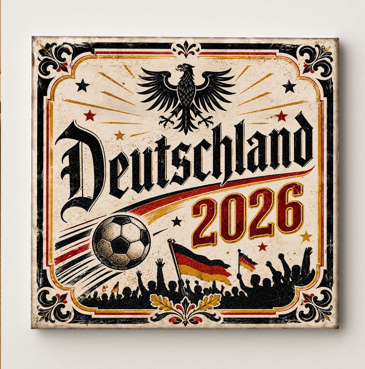 Duitsland 2026 Voetbal Decoratieve Keramische Tegel – Deutschland Adelaar en Fan Design – Zwart Rood Goud Voetbal Wanddecoratie Tegel – Vaderlands Woondecoratie Cadeau