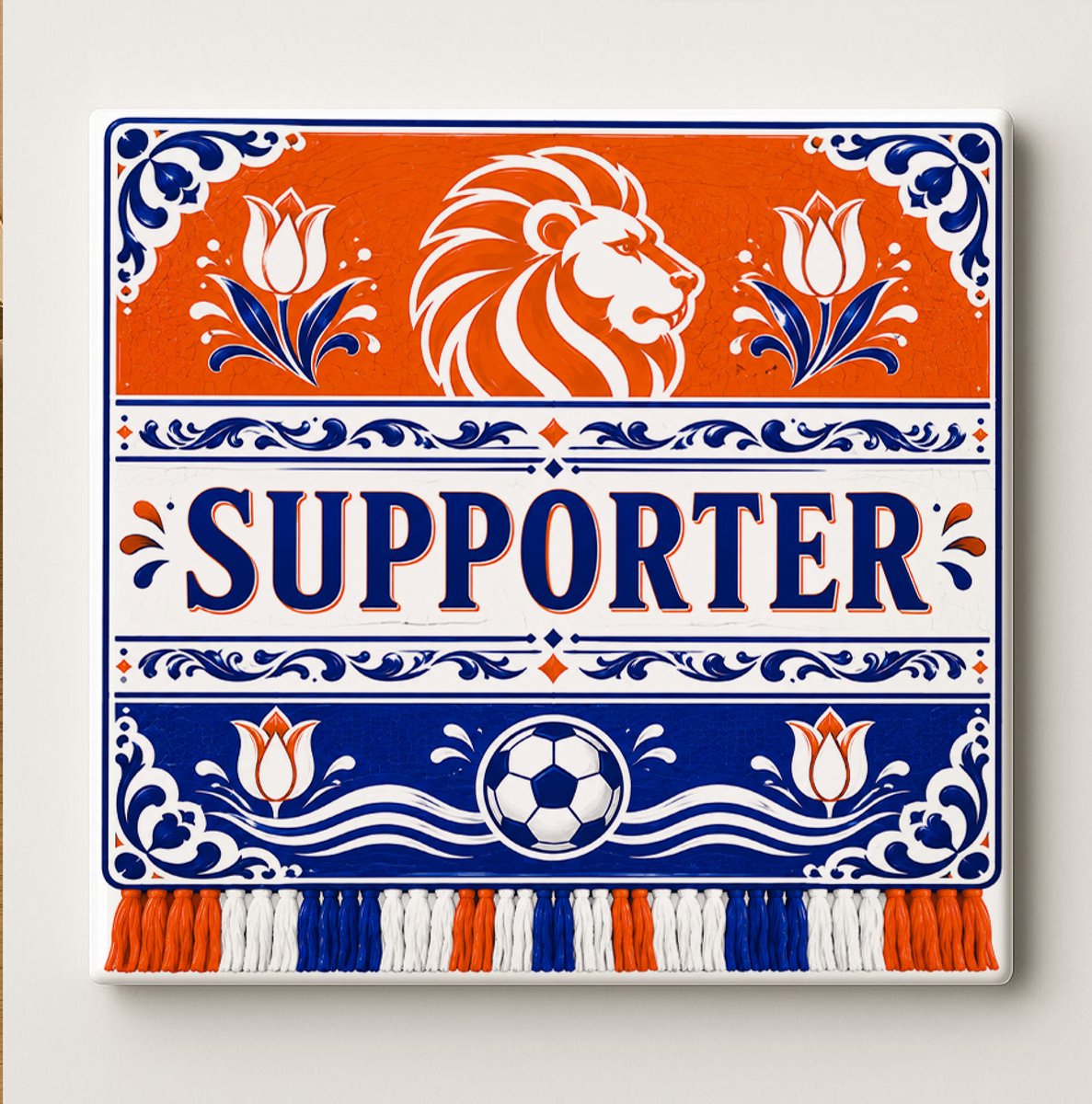 Nederland Supporter Decoratieve Keramische Tegel – Nederlandse Leeuw Voetbal Design – Oranje Blauw Voetbal Wanddecoratie Tegel – Vaderlands Woondecoratie Cadeau