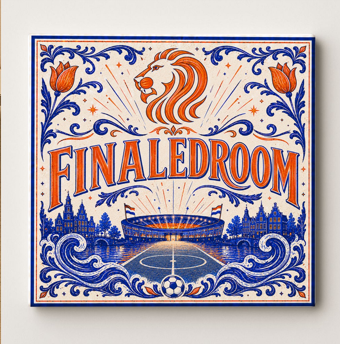 Decoratieve keramische wandtegel – “FINALEDROOM” voetbalstadion leeuw kunsttegel – vintage Nederlandse voetbal finale droom design – Oranje sport fan wanddecoratie – Nederland stadion thema cadeau voor keuken, badkamer en interieurdecoratie