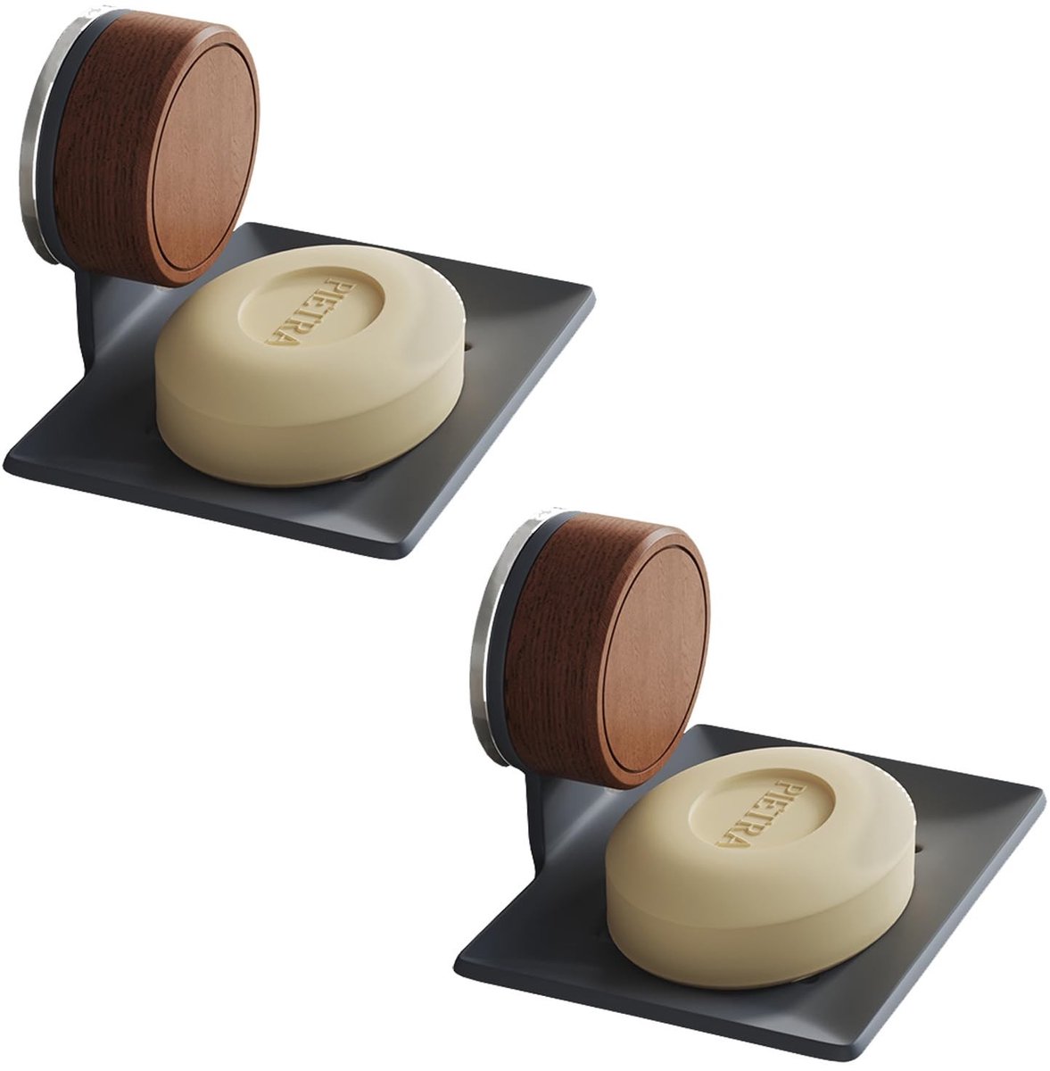 Dailygoody - Set van 2 zeepbakjes - Aluminium met walnoot - Zonder boren - Wit hout - Perfect voor badkamer en keuken - Eenvoudige montage - Geschikt