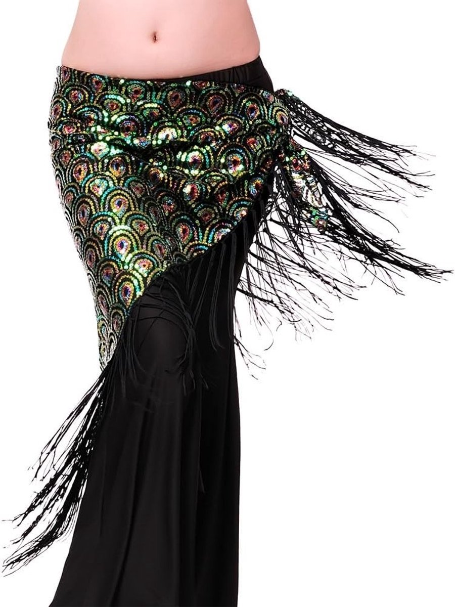 Vrouwelijke Buikdans Heupdoek met Kwastjes en Driehoekige Wrap Rok - Sequins Buikdans Kostuum en Outfit voor Optredens