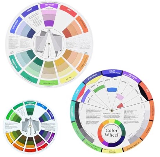 3-delige Kleurenwiel Set - Kleurmenggids & Kleurencirkel - 14 cm en 25.3 cm Diameter - Waterdicht Karton - Voor Kunstenaars, Ontwerpers, Make-up en Nagelstyling - Educatief Hulpmiddel