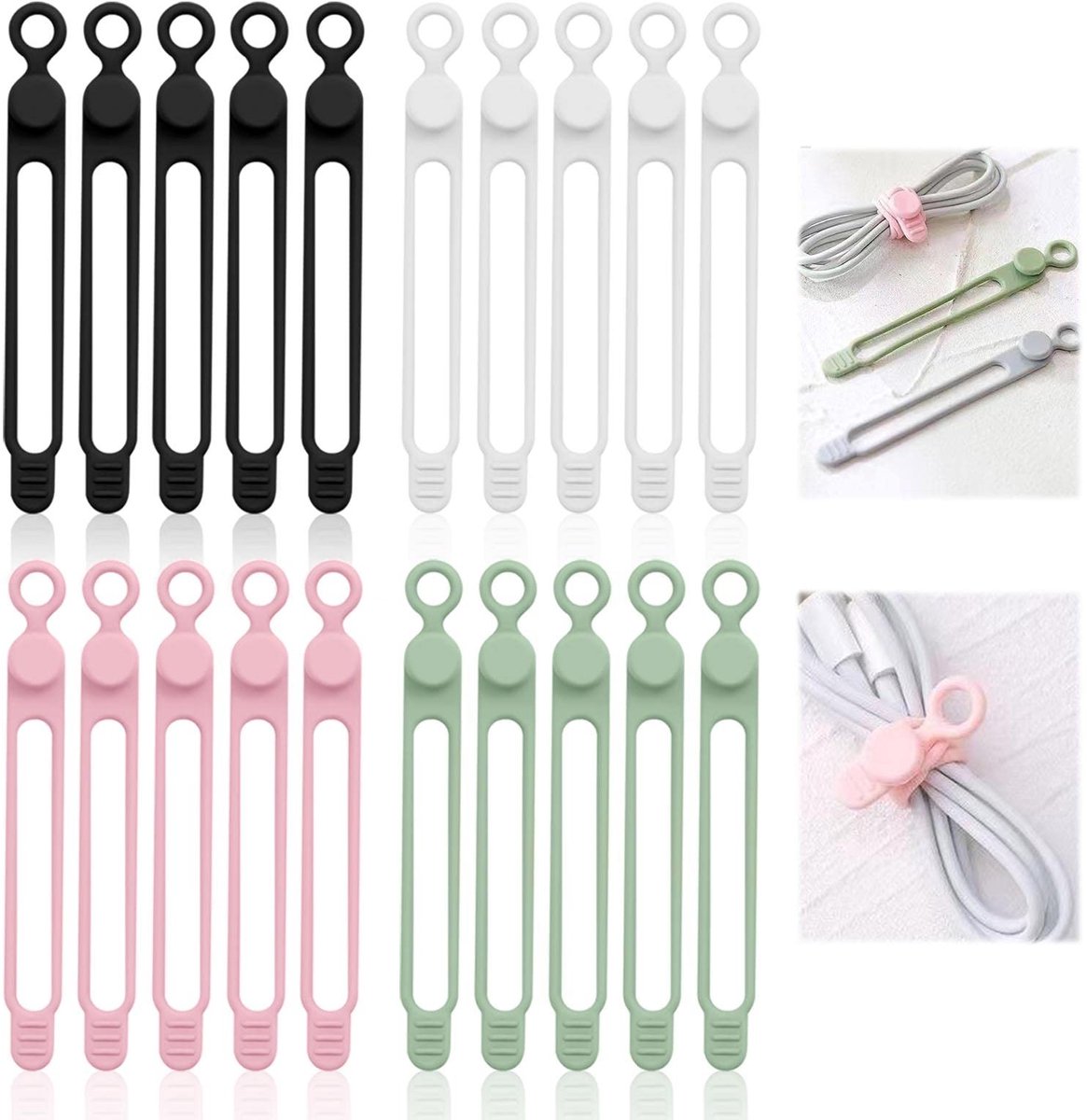 Dailygoods - Dailygoody - Siliconen herbruikbare kabelbinders - Koordorganizer voor kantoor en thuis - 20 stuks - Zwart, wit, roze, groen - Draadbanden met cirkelv..