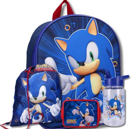 Sonic Schoolset Jongens – 4 Delig – 3D Rugzak, Gymtas, Lunchbox & Drinkfles – Blauw – Basisschool