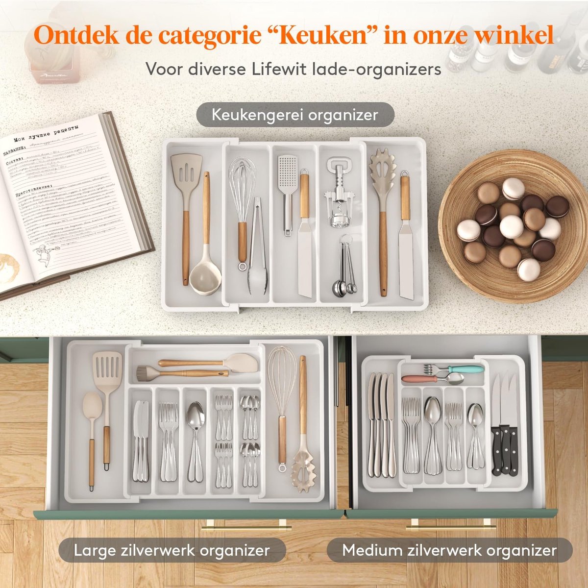 Dailygoods - Dailygoody - Bestekbak - Verstelbare Besteklade Organizer - Kunststof Keuken Organizer - Wit - Cutlery Tray - Ideaal voor Keuken - Diepte 30,9 cm