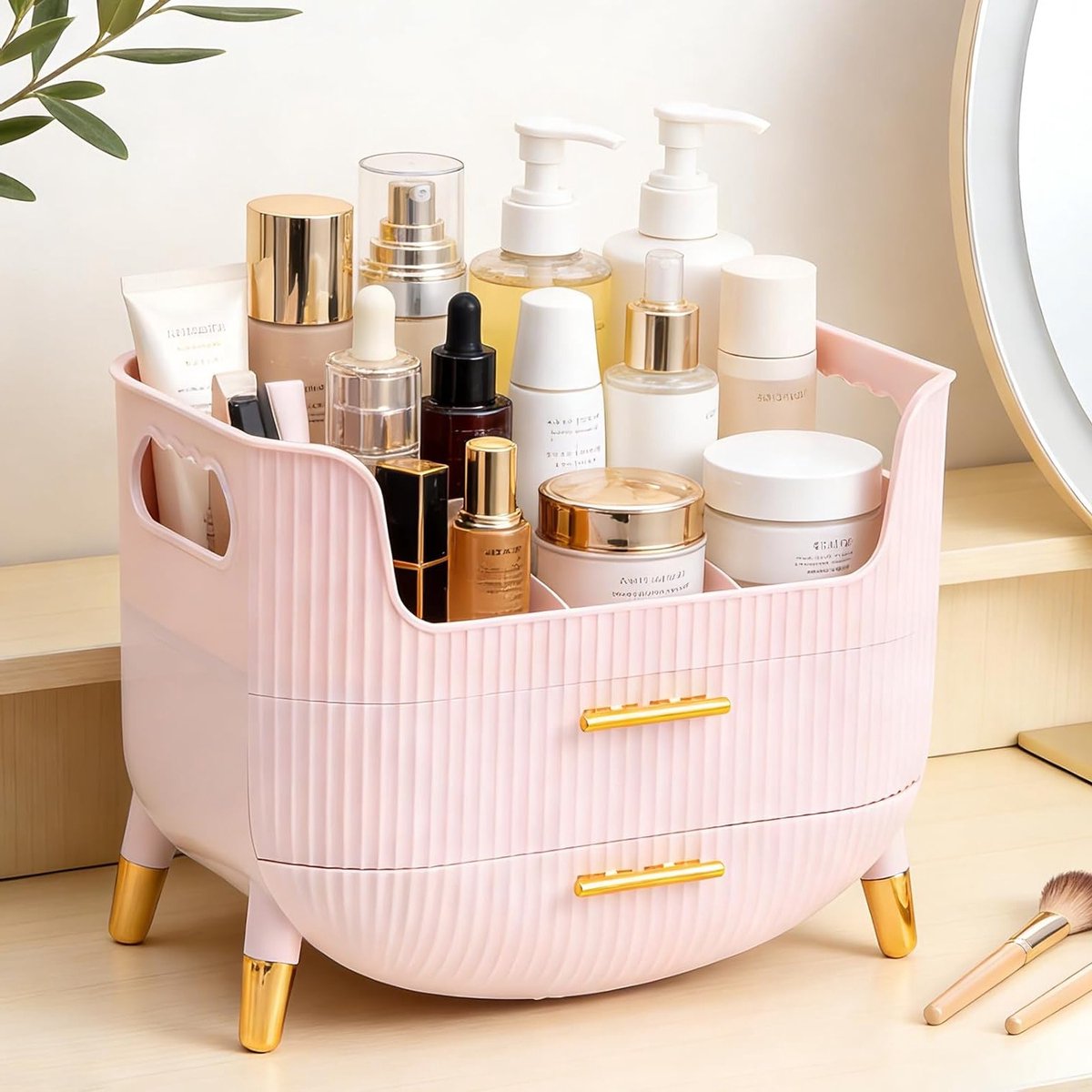 Cosmetische Make-up Organizer met 2 Laden, Antislip Make-up Tafel Organizer, Huidverzorging Organizer voor Slaapkamer en Badkamer Decoratie in Roze