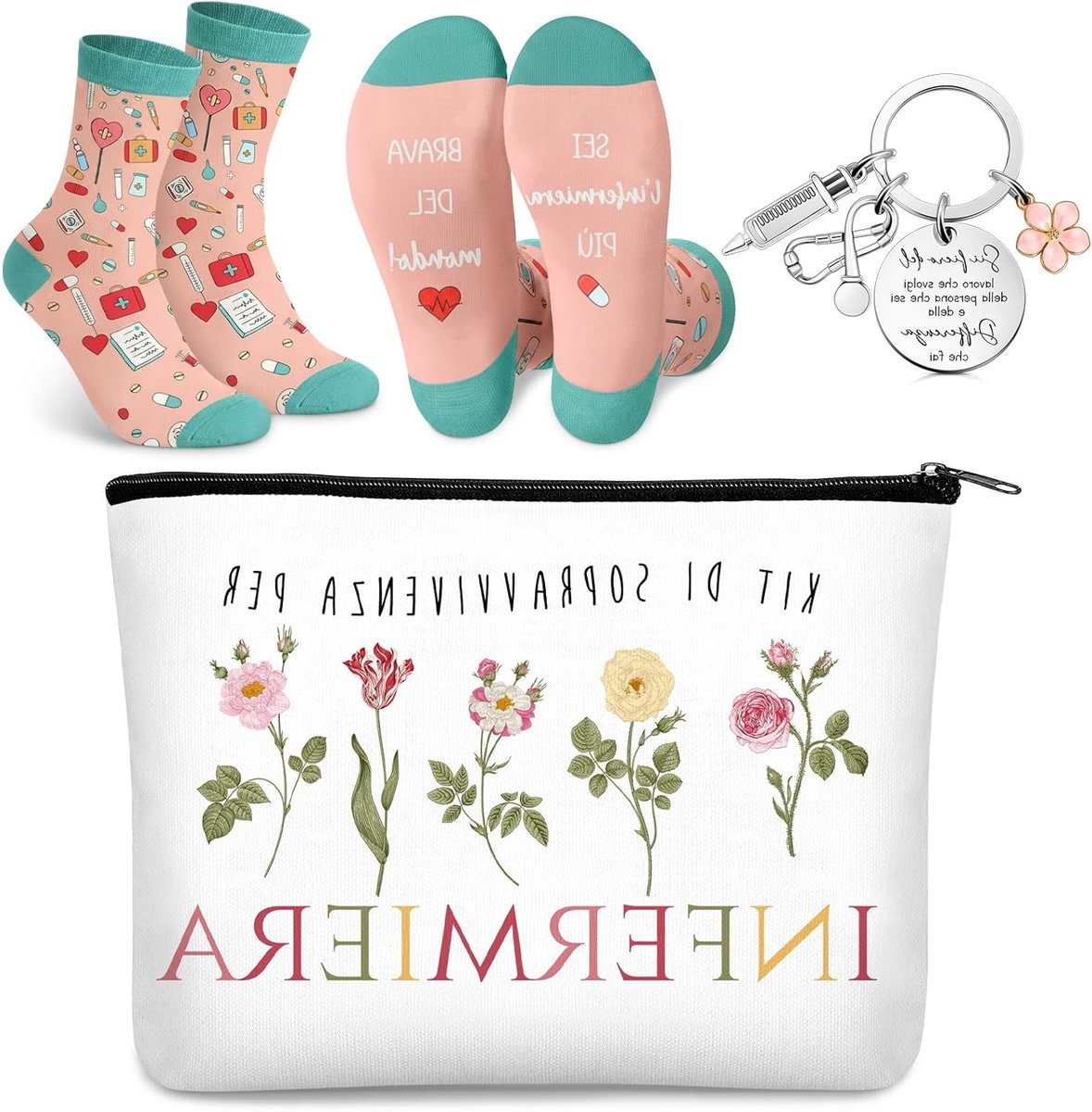 Verzorgende Cadeauset met Grappige Sokken, Cosmetica- en Make-up Tas, Sleutelhangers en Feestaccessoires voor Kerst en Afstuderen