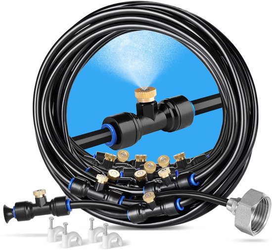 Buitennevelsproeier, 18M terrasnevelsproeier met 20 nevelsproeiers + 6 reservesproeiers + 1 adapter (messing, 3/4") nevelsproeier voor terras, tuin, kas, trampoline voor waterpark