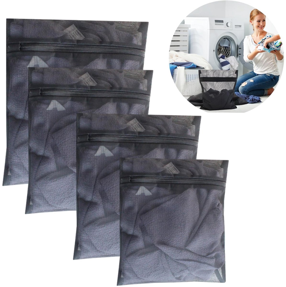Dailygoods - Dailygoody - Wasnet voor wasmachine - Waszak met ritssluiting - Zwart - Geschikt voor kleding - 4 stuks voor ondergoed en babykleding