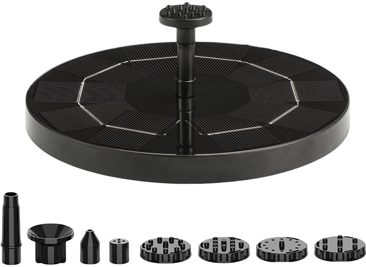 Geargalaxy Waterfontein - Drijvende Fontein - Solar Fontein - Vijverfontein - Solarfontein - Met 8 Sproeikoppen - 16cm - Zwart