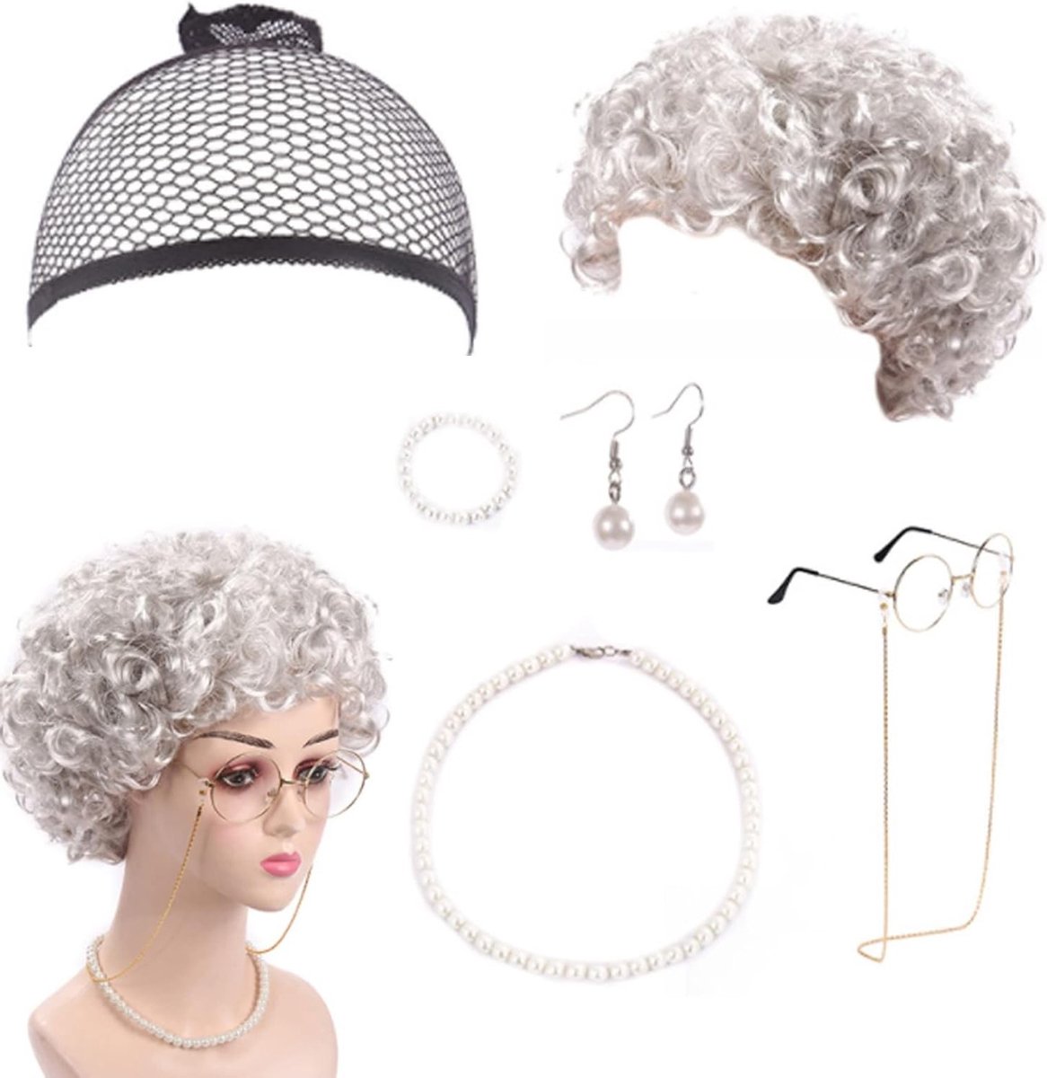 Complete Set voor Oude Dame Kostuum met Grijze Peruk, Perfect voor Carnaval en Rollenspel