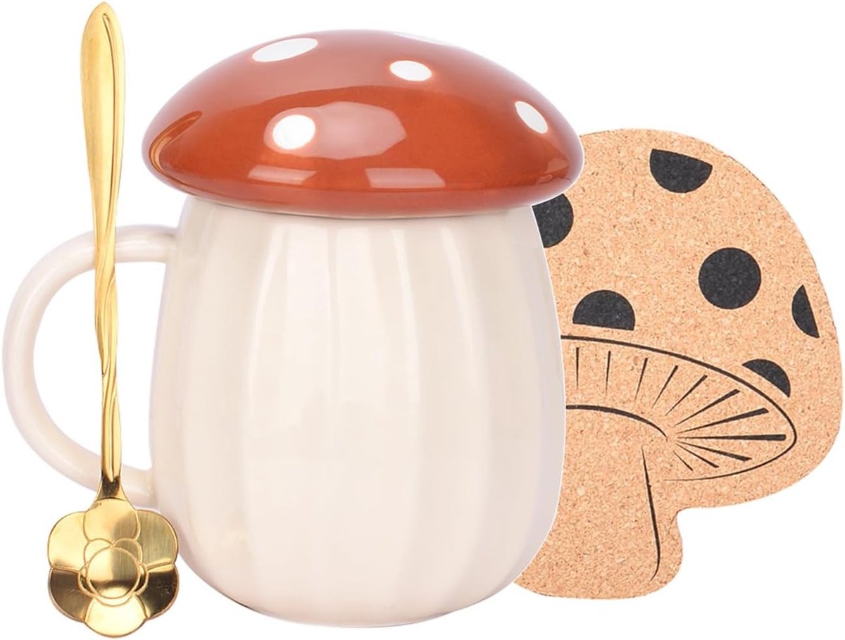 Schattige Koffiemok met Deksel en Bloem Lepel, Kawaii Paddenstoel Theekop, 250ml Grappige Mok voor Melk, Cadeau voor Vrouwen en Meisjes, Kerst en Verjaardagen