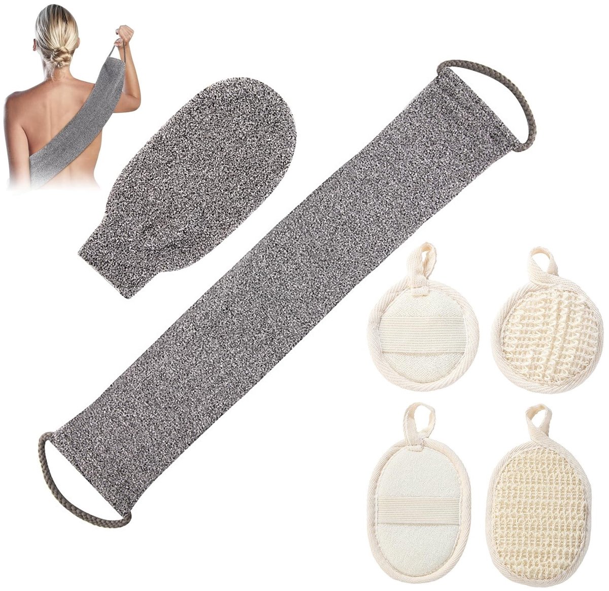 Dailygoody - Multifunctionele Hennep Rugscrubber - Natuurlijke Exfoliërende Rugband - Zwart - Exfoliërende Loofah - Geschikt voor Mannen en Vrouwen