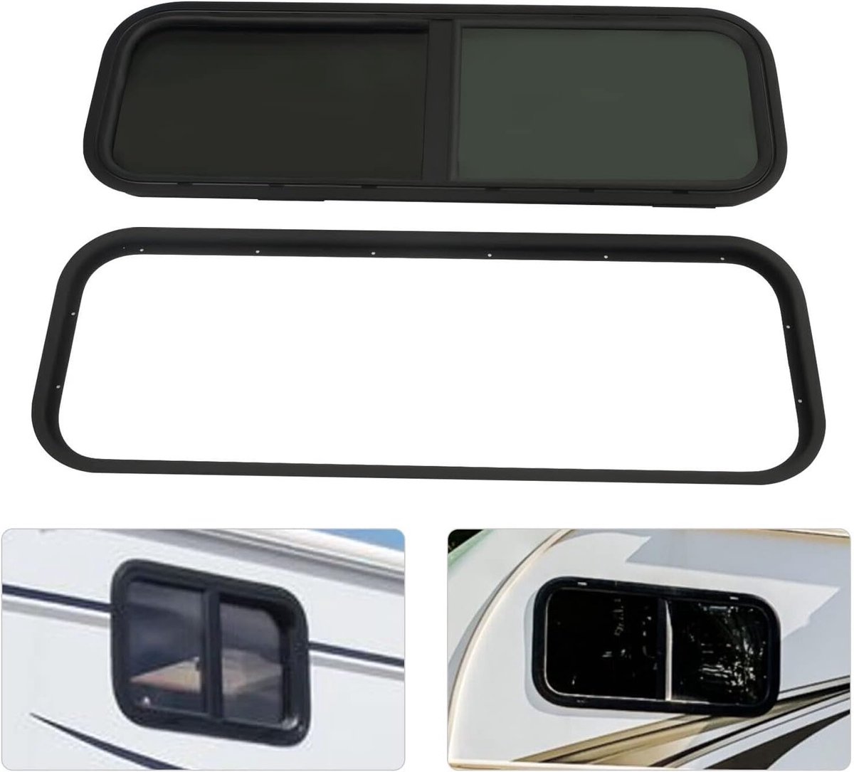 Zijraam voor Camper of Caravan, Getint Glas, Schuifraam met Insectenbescherming, Tempered Zwart Glas (1000 x 400 mm) voor Optimale Ventilatie en Comfort
