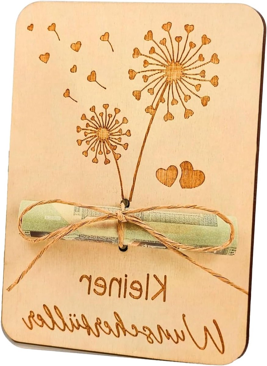 Houten wenskaart met paardenbloem ontwerp, 13 x 10 cm, handgeschreven kaart met waszegel, uniek en persoonlijk