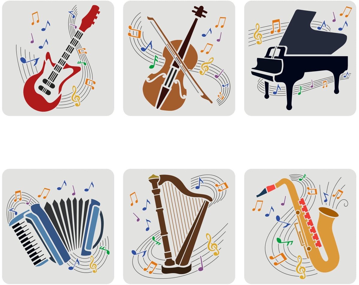 Dailygoods - Dailygoody - Sjablonen voor muziekinstrumenten - Herbruikbare stencils - Groot formaat 30 x 30 cm - Creatief handwerk - Geschikt voor schilderen en te...
