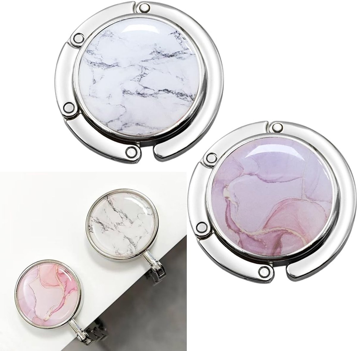 Dailygoods - Dailygoody - Tafeltasclip - Set van 2 - Elegante handtashaken - Roze en wit - Antislip en opvouwbaar - Geschikt voor kantoor en restaurant
