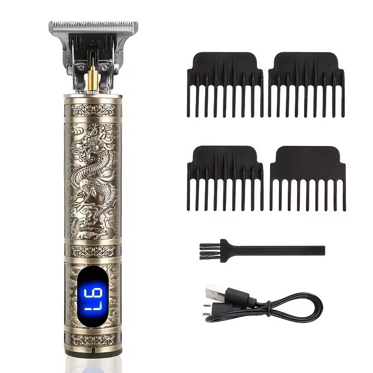 Digitale Tondeuse - Vintage T-9 Draak Tondeuse + 4xOpzetstukken - Verchroomd Metaal Behuizing - Usb Oplaadbare T-9 Trimmer voor Gezichtshaar, Hoofdhaar en Lichaamshaar - Digitale Batterij Indicator - Kleur: Goudachtig
