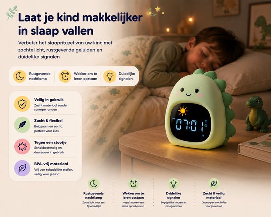 Groene dinosaurus slaaptrainer naast slapend kind. Zacht en flexibel, BPA-vrij materiaal. Met digitale tijdsaanduiding.