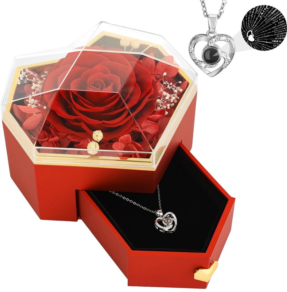 Dailygoods - Dailygoody - Preserved Rose - I Love You Necklace - Unieke Cadeau voor Haar - Rode Roos & Zilveren Hartketting - Perfect voor Valentijnsdag - ...
