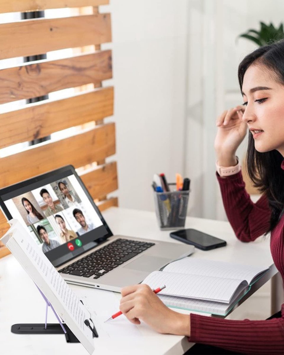Multifunctionele Verstelbare Boekensteunen met Metalen Beugel voor Studie, Kookboeken, iPad en Notities - Kleurcombinatie Paars en Zwart