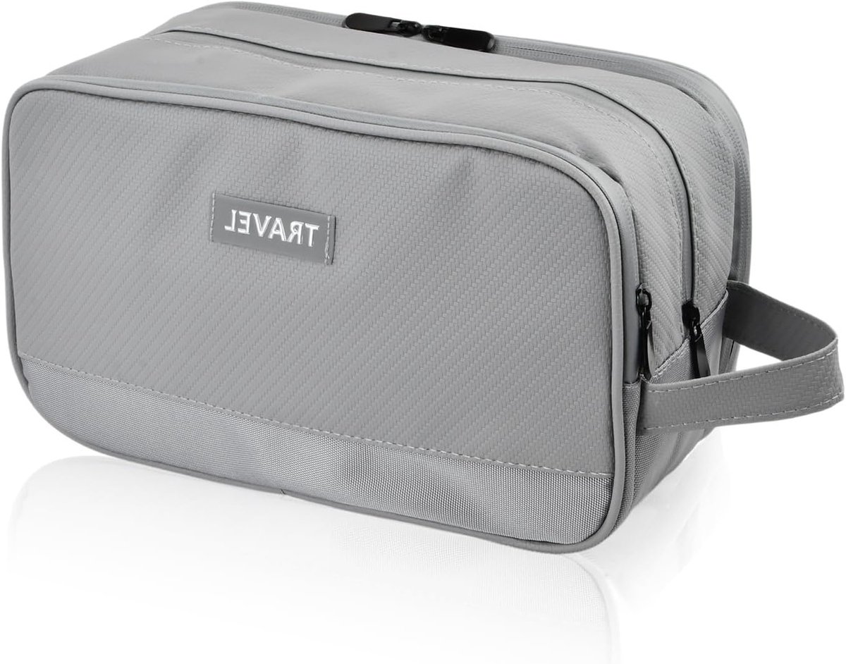 Waterdichte reis-toilettas voor dames en heren, grote toilettas met 3 vakken en 8,1 l inhoud, ideaal voor make-up en verzorging, Grijs, 30x14.5x18 CM