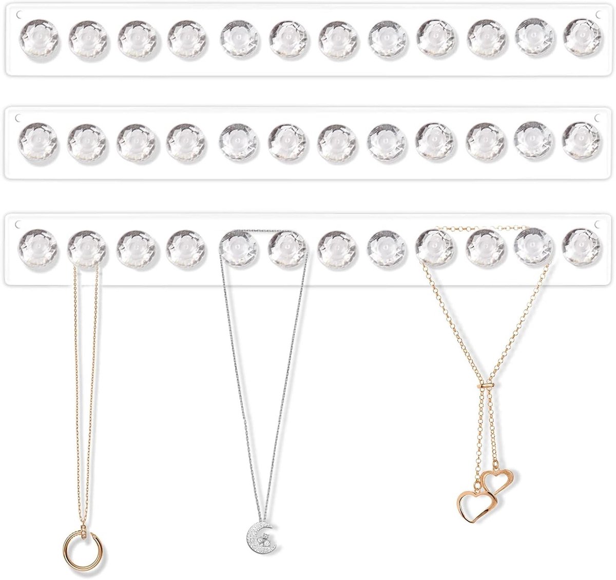 Transparante Acryl Halskettinghouder voor Wandmontage - Sieraden Organizer met 12 Haakjes voor Kettingen en Hangers - Set van 3