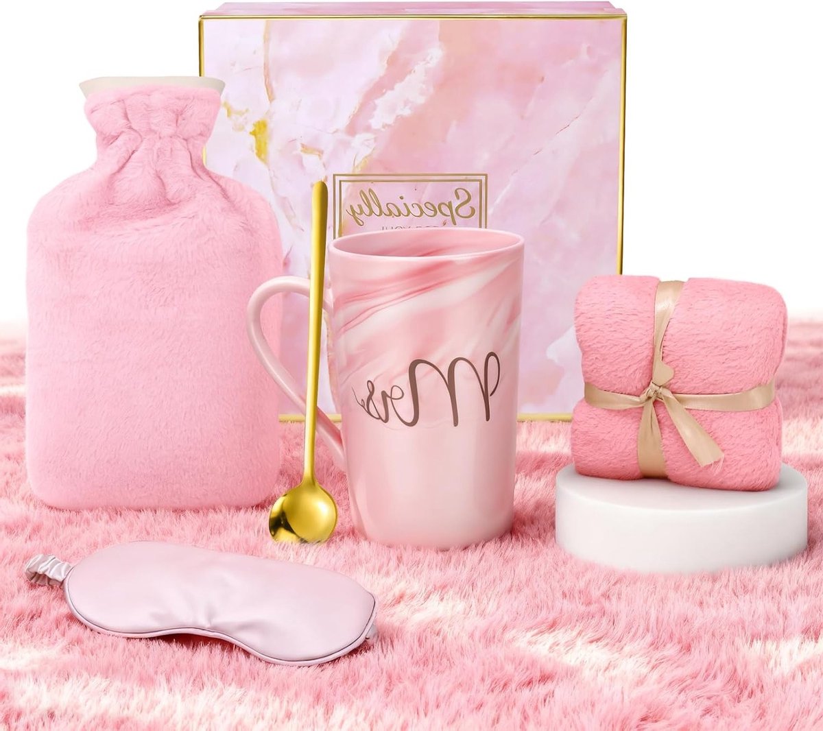 Warmwaterkruik voor de winter met hoes, inclusief mok, lepel, handdoek en oogmasker - Perfect cadeau voor vrouwen (Roze, 1.2L)