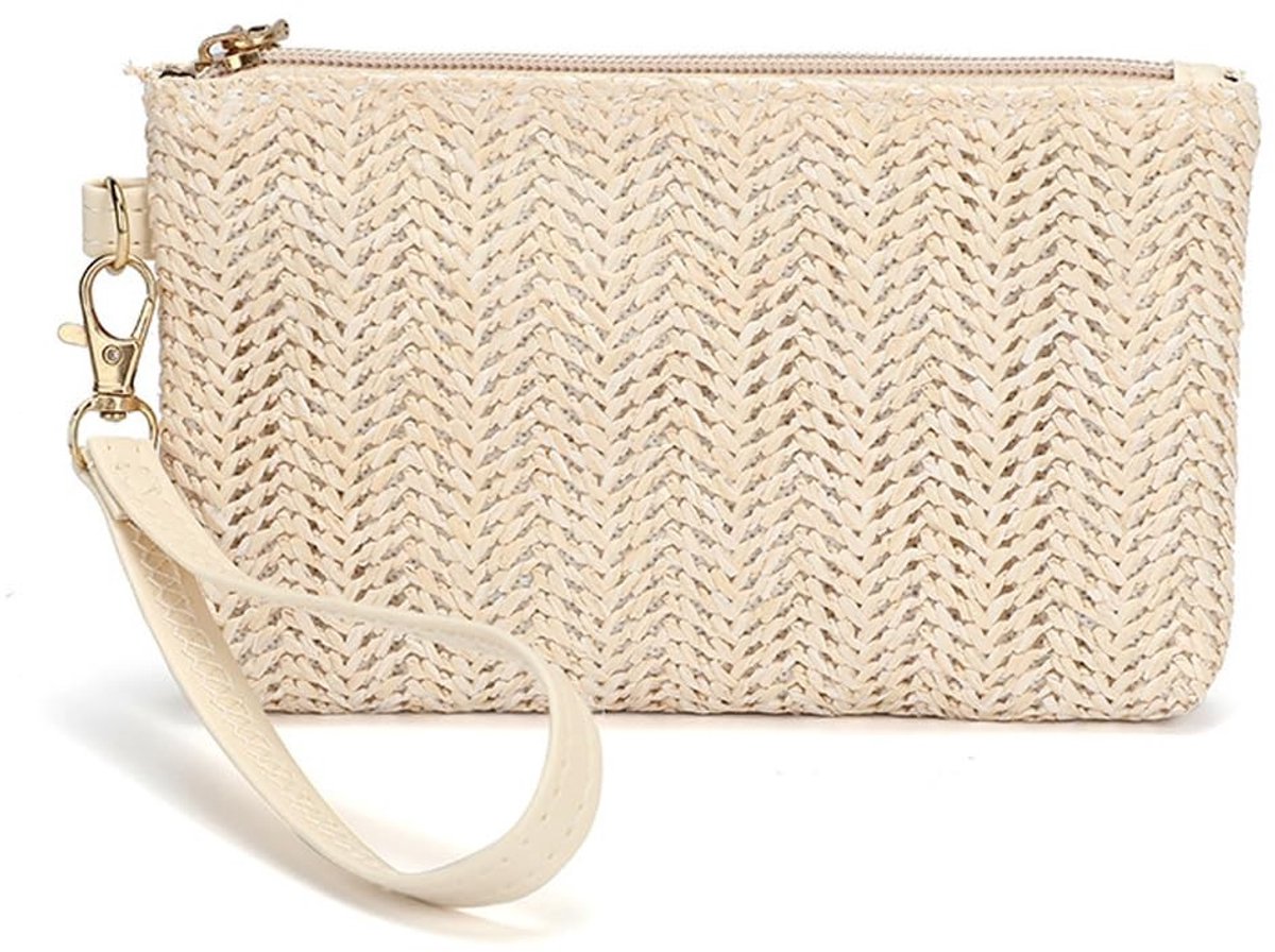 Dailygoods - Dailygoody - Gevlochten Stroportemonnee - Zomerstrandtas - Wit - Boheemse Wilgentas - Grote Capaciteit - Geschikt voor Dames - Ideaal voor Zee en Strand