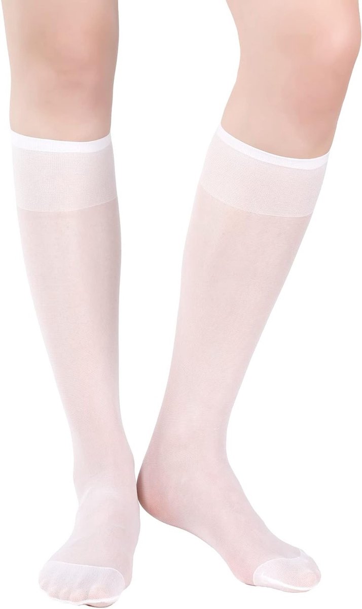 Dunne Kousen tot de Knie - 3 Paar Nylon Kousen voor Dames en Meisjes, Perfect voor Jurken en Feestjes, Kleur: Wit, Maat: One Size
