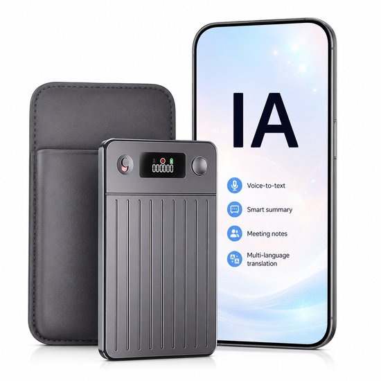 Grijze AI dicteerapparaat met een lederen etui. Telefoon toont "IA", spraak-naar-tekst, slimme samenvatting, vergadernotities, meertalige vertaling.